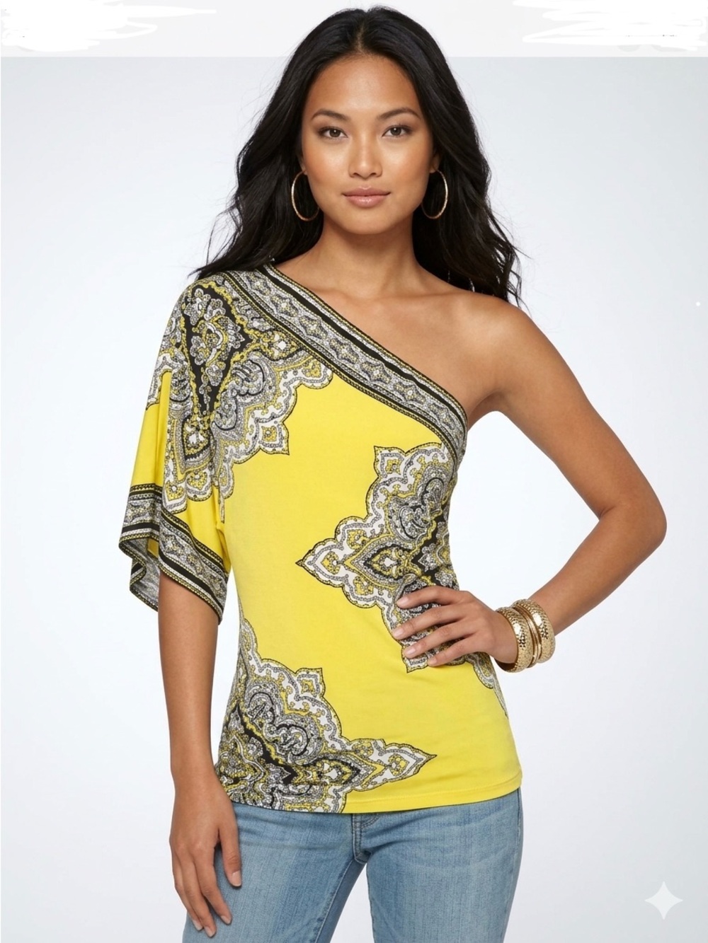 CACHE One Shoulder Kimono Sleeve Top Yellow White Y2K Size S Small $75 KL EUC